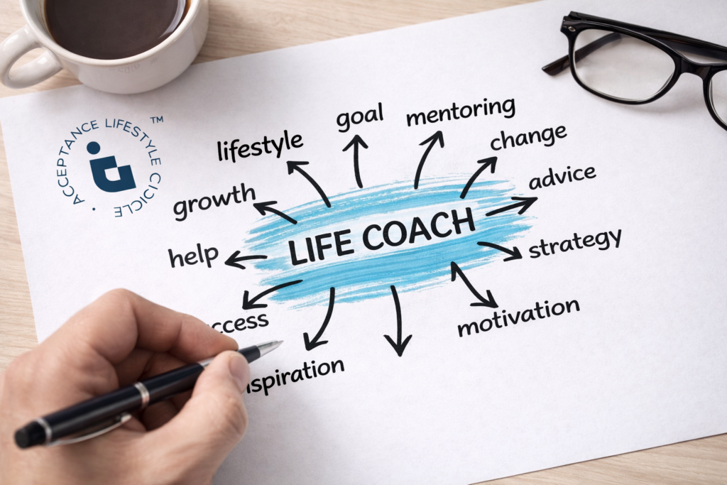 Diagram illustrating the concept of "Life Coach" with related themes, including growth, inspiration, and success.