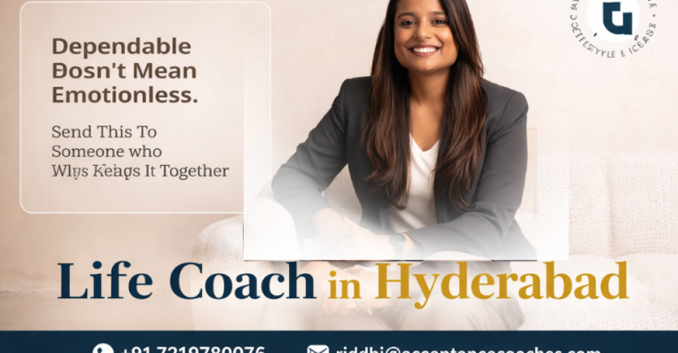 A professional life coach in Hyderabad, confidently sitting on a beige couch with a motivational quote, contact details, and the Acceptance Lifestyle Circle