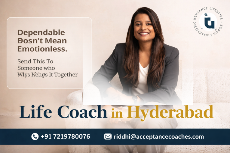 A professional life coach in Hyderabad, confidently sitting on a beige couch with a motivational quote, contact details, and the Acceptance Lifestyle Circle