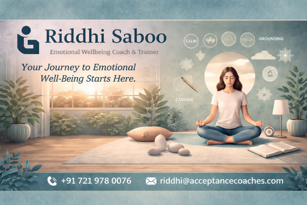 Riddhi Saboo, Emotional Wellbeing Coach & Trainer, offers calming guidance through a meditative and peaceful atmosphere, with contact information displayed at the bottom.